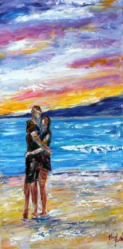 Couple de mariage balnéaire coucher de soleil plage Peinture à l'huile